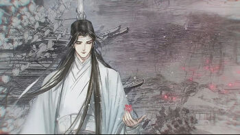 1boy architecture black_hair boat branch chinese_clothes closed_mouth east_asian_architecture faux_traditional_media flower half-closed_eyes hand_up hanfu headband highres holding holding_flower ink_wash_painting kcllzas163 lan_wangji light_particles long_hair long_sleeves looking_down male_focus modao_zushi outdoors petals red_flower robe solo third-party_source topknot upper_body very_long_hair watercraft white_hanfu white_headband wide_sleeves wind xiao_guan_(headdress)