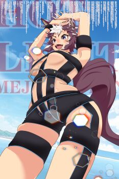 Rule 34 | 1girl, :d, absurdres, animal ears, arm strap, armpits, arms up, blue sky, bondage outfit, breasts, brown hair, cloud, commentary request, cowboy shot, day, ear ornament, ear piercing, highres, horse ears, horse girl, horse tail, hot limit, kamiyamasahito, lens flare, looking at viewer, medium breasts, mejiro ryan (umamusume), midriff, navel, open mouth, outdoors, piercing, revealing clothes, short hair, sidelocks, skindentation, sky, smile, solo, standing, swept bangs, swimsuit, t.m.revolution, tail, umamusume, underboob, white hair
