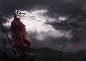 1boy absurdres black_boots black_hair boots closed_mouth coat commentary ergo_proxy ergo_proxy_(character) full_body gloves grey_sky highres male_focus mask overcast red_coat red_gloves ruins short_hair sky smile solo standing weird--fish