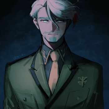 1boy 987smn beard blood blood_in_hair blue_background challia_bull collared_shirt facial_hair green_eyes green_hair gundam gundam_gquuuuuux highres jacket long_sleeves looking_at_viewer male_focus military_jacket military_uniform mustache necktie shirt short_hair solo upper_body