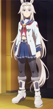 1girl absurdres ahoge animal_ears anime_screenshot belt belt_buckle black_pantyhose blue_eyes blue_sailor_collar blue_skirt boots breasts brooch buckle choker clenched_hands closed_mouth collarbone dot_nose ear_ornament female_focus fisting gold_tiara grey_hair grey_tail hair_ornament highres horse_ears horse_girl horse_tail long_hair long_image looking_at_viewer midriff miniskirt multicolored_hair navel neckerchief oguri_cap_(starlight_beat)_(umamusume) oguri_cap_(umamusume) panty_straps pantyhose pleated_skirt racing_suit red_neckerchief sailor_collar sailor_shirt serafuku shirt skirt small_breasts solo solo_focus star_brooch stitched stomach tail third-party_edit two-tone_hair umamusume umamusume:_cinderella_gray white_boots white_serafuku