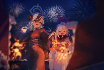 1girl absurdres black_hair black_kimono blue_archive blush closed_eyes clothes_lift dress fireworks floral_print flower fur_scarf grey_halo grin hair_between_eyes hair_flower hair_ornament halo happy highres holding holding_fireworks horns japanese_clothes kayoko_(blue_archive) kayoko_(new_year)_(blue_archive) kimono kimono_lift long_hair long_sleeves multiple_girls mutsuki_(blue_archive) mutsuki_(new_year)_(blue_archive) night official_alternate_costume open_mouth pink_flower print_kimono red_eyes red_halo skirt smile solo star_(sky) very_long_hair white_hair white_kimono wide_sleeves zhihuigugudegezi