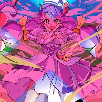 1girl absurdres blue_sky bow cloud commentary cowboy_shot cure_coral dress fingerless_gloves gloves hair_bow hat heart heart_in_eye highres looking_at_viewer magical_girl multi-tied_hair open_mouth outdoors precure purple_dress purple_hair red_bow sailor_hat sky solo standing suzumura_sango symbol_in_eye tropical-rouge!_precure twintails uraki v-shaped_eyebrows white_gloves white_hat x_fingers yellow_bow