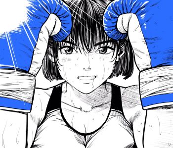 Rule 34 | 1girl, blood, blood from mouth, blue gloves, bob cut, boxing, boxing gloves, breasts, commentary request, gloves, hatching (texture), highres, lee (dragon garou), light rays, linear hatching, medium breasts, monochrome, mouth guard, original, portrait, short hair, solo, sports bra, spot color, straight-on, sweat, very sweaty
