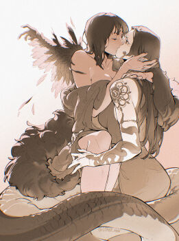 2girls absurdres arm_tattoo boa_hancock breasts commentary_request dark-skinned_female dark_skin dress forehead french_kiss hebi_utage highres hug kiss long_hair multiple_girls nico_robin one_piece short_hair tattoo twitter_username yuri