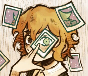 1boy alternate_eye_color basil_(faraway)_(omori) basil_(headspace)_(omori) basil_(omori) black_eyes blonde_hair bright_pupils collared_shirt commentary double-parted_bangs dual_persona english_commentary green_eyes green_hair green_sweater_vest hair_between_eyes highres holding holding_photo looking_at_viewer male_focus omori ottie_pops photo_(object) shirt short_hair short_sleeves sidelocks solo sweater_vest white_pupils white_shirt