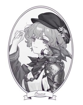 1girl armor banner brume_(reverse:1999) character_name coat commission dragon dragon_on_shoulder flower greyscale hand_up hat hat_flower highres jewelry light_smile looking_at_viewer monochrome neckerchief necklace newsboy_cap oval_image reverse:1999 second-party_source short_hair shoulder_armor small_dragon solo tank_top upper_body xiao_mi_mianbao