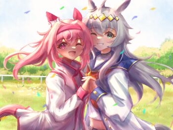 2girls ahoge animal_ears blue_eyes blush bow brooch confetti ear_bow ear_covers ear_ornament flower-shaped_pupils flower_in_eye grass grey_hair grey_tail h3p0 hair_between_eyes hair_ornament hairband haru_urara_(bestest_prize)_(umamusume) haru_urara_(umamusume) headband highres holding_hands horse_ears horse_girl horse_tail jacket jewelry long_hair long_sleeves looking_at_viewer midriff multicolored_hair multiple_girls neckerchief oguri_cap_(starlight_beat)_(umamusume) oguri_cap_(umamusume) one_eye_closed open_mouth outdoors pink_eyes pink_hair pink_headband ponytail red_headband red_neckerchief sailor_collar shirt sky smile star_brooch symbol-shaped_pupils symbol_in_eye tail tree umamusume upper_body white_jacket white_shirt