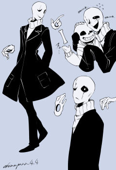 2boys ;( ;d absurdres closed_mouth coat commentary_request cropped_torso disembodied_hand flying_sweatdrops full_body grey_background greyscale grin hammpenn hand_on_another&#039;s_head hands_in_pockets hatching_(texture) high_contrast highres hollow_eyes hood hood_down hooded_jacket jacket lapels long_sleeves looking_at_viewer male_focus monochrome multiple_boys multiple_views notched_lapels one_eye_closed open_clothes open_jacket open_mouth pants pocket puffy_long_sleeves puffy_sleeves sans_(undertale) scar_across_eyes shirt shoes simple_background skeleton sleeves_past_fingers sleeves_past_wrists smile sweater translation_request turtleneck turtleneck_sweater twitter_username undertale uneven_eyes upper_body utdr_(toby_fox) w.d._gaster