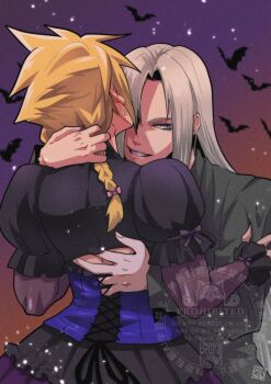 2boys anger_vein aqua_eyes artist_name bat_(animal) black_dress black_shirt blonde_hair blue_corset bow braid cloud_strife cloud_strife_(blue_dress) corset crossdressing dress final_fantasy final_fantasy_vii final_fantasy_vii_remake grey_hair grin hair_between_eyes hair_bow hand_in_another&#039;s_hair highres holding_another&#039;s_arm male_focus multiple_boys official_alternate_costume parted_bangs pink_bow sephiroth shikiwo shirt smile spiked_hair teeth twin_braids upper_body vampire yaoi