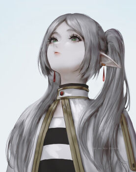 1girl aoi_ogata artist_name capelet closed_mouth commentary earrings elf english_commentary frieren green_eyes grey_background grey_hair highres jewelry long_hair meme parted_bangs pointy_ears red_lips shirt simple_background solo sousou_no_frieren striped_clothes striped_shirt thick_eyebrows twintails upward_angle_frieren_drawing_(meme) very_long_hair white_capelet