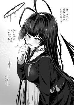 1girl averting_eyes blood blood_halo blue_archive blunt_bangs blush breasts commentary_request flying_sweatdrops from_side greyscale half-closed_eyes halo highres large_breasts liquid_halo long_hair long_sleeves matoba_ryou monochrome neckerchief school_uniform serafuku sharp_teeth simple_background solo sweatdrop teeth tsurime tsurugi_(blue_archive) turning_head undone_neckerchief upper_body upper_teeth_only very_long_hair wings