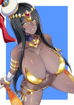 armband beads bikini black_hair blush bracelet breasts bridal_gauntlets cleavage collar commentary_request dark-skinned_female dark_skin facial_mark fate/grand_order fate_(series) glowing_skin gold_bikini hat highres huge_breasts jewelry lips long_hair navel rebasuto scheherazade_(fate) shiny_skin sidelocks smile star_(symbol) swimsuit thighs very_long_hair