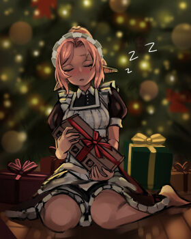 1girl apron barefoot blurry blurry_background blush christmas christmas_ornaments christmas_tree closed_eyes commentary elf english_commentary gift highres holding holding_gift liliacineris maid maid_apron maid_headdress original pink_hair pointy_ears sleeping solo zzz