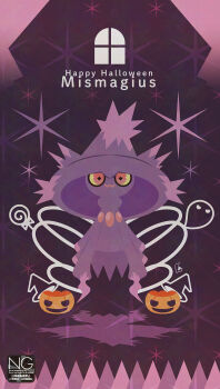 candy closed_mouth colored_sclera food gen_4_pokemon ghost halloween hat highres jack-o&#039;-lantern looking_at_viewer meme_(sleepsheep) mismagius nintendo no_humans pokemon pokemon_(creature) pokemon_focus pumpkin red_eyes star_(symbol) witch_hat yellow_eyes yellow_sclera