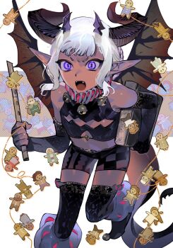 1boy androgynous angry bell black_thighhighs book clothing_cutout crop_top dark-skinned_male dark_elf dark_skin delgal_(dungeon_meshi) detached_sleeves dragon_boy dragon_horns dragon_tail dragon_wings dungeon_meshi elf fangs fangs_out feet_out_of_frame flute gapamopa gingerbread_cookie halloween halloween_costume highres holding holding_book holding_flute holding_instrument horns instrument looking_at_viewer male_focus midriff multiple_horns neck_bell neck_ruff open_mouth pointy_ears purple_eyes short_bangs shorts solo standing standing_on_one_leg symbol-shaped_pupils tail thighhighs thistle_(dungeon_meshi) trap white_hair wings yaad_(dungeon_meshi)