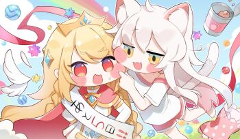 2girls :d ahoge animal_ear_fluff animal_ears barefoot blonde_hair blush_stickers braid can candy canned_food cape cat_ears cat_girl cat_tail chibirisu countdown_illustration detached_wings dress elbow_gloves erpin_(trickcal) fang feathered_wings food gloves gold_tiara jewelry kommy_(trickcal) long_hair looking_at_another multiple_girls open_mouth pillow pink_shorts promotional_art red_cape red_eyes sash second-party_source shirt short_sleeves shorts sleeveless smile tail tiara trickcal very_long_hair white_dress white_gloves white_hair white_shirt white_wings wings yellow_eyes