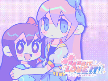 2girls :&lt; aubrey_(faraway)_(omori) aubrey_(headspace)_(omori) aubrey_(omori) blue_eyes blue_hairband blue_shirt blue_skirt blush bow bright_pupils closed_mouth colored_skin crop_top denim denim_skirt diamond-shaped_pupils diamond_(shape) double-parted_bangs dual_persona hair_between_eyes hair_bow hairband hand_on_another&#039;s_shoulder hotokeforgame jacket long_hair looking_at_viewer mixed-language_text multiple_girls omori open_clothes open_jacket open_mouth pink_bow pink_hair profile purple_hair shirt short-sleeved_jacket short_sleeves skirt smile symbol-shaped_pupils translation_request white_jacket white_pupils white_skin