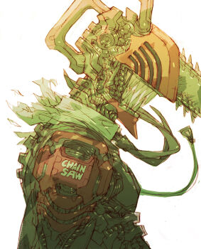 1boy android bandana bandana_around_neck black_necktie cable chainsaw chainsaw_man character_name copyright_name denji_(chainsaw_man) facing_to_the_side joints mechanical_spine mechanization nakayama_tooru necktie robot robot_joints scarf sharp_teeth simple_background solo teeth weapon white_background white_bandana white_scarf