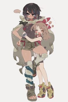 ... 2girls black_hair black_shirt blush blush_stickers bow bow_hairband brown_cape brown_hair brown_shorts cape commentary_request full_body hair_bow hairband height_difference hug korean_commentary leg_up looking_at_another may_(pokemon) multiple_girls nintendo o6262626 open-toe_shoes pokemon pokemon_oras red_bow red_eyes red_hairband red_shirt shirt shoes short_shorts shorts sleeveless sleeveless_shirt spoken_ellipsis standing standing_on_one_leg sweatdrop tiptoes white_background yellow_shoes yuri zinnia_(pokemon)
