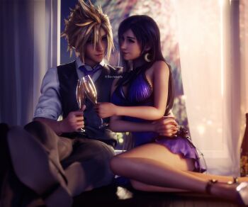 1boy 1girl 3d bare_shoulders black_hair blonde_hair blue_dress breasts cloud_strife couple cup dress drink earrings final_fantasy final_fantasy_vii final_fantasy_vii_remake formal_clothes highres holding holding_cup holding_hands jewelry large_breasts legs long_hair looking_at_another necktie official_alternate_costume ria-neearts sitting sleeveless sleeveless_dress spiked_hair square_enix suit tifa_lockhart tifa_lockhart_(refined_dress) wall_market