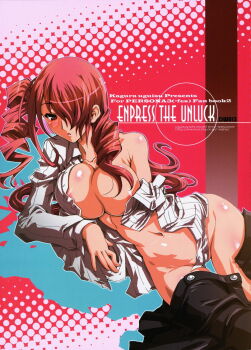 1girl :o ahoge areola_slip atlus blush breasts censored cleavage convenient_censoring cover drill_hair embarrassed female_focus groin hair_over_one_eye highres kirijou_mitsuru large_breasts long_hair lying navel no_bra no_panties off_shoulder on_side open_clothes open_mouth open_shirt persona persona_3 red_eyes red_hair scan shirt solo twin_drills twintails twisted_breasts uguisu_kagura