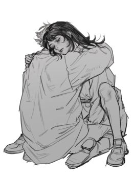 1boy 1girl abaddon_(haunted_hotel) closed_eyes coat esther_freeling full_body greyscale hashtag-only_commentary haunted_hotel highres hug knee_up long_hair monochrome rickorty_08 simple_background sitting wariza white_background