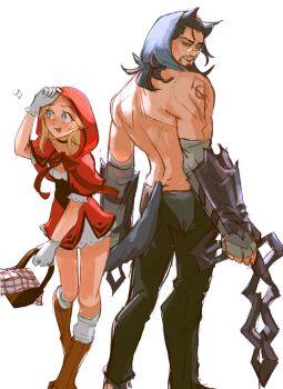 1boy 1girl alternate_costume animal_ears armor beard big_bad_wolf big_bad_wolf_(cosplay) black_hair black_pants blonde_hair boots chain chiffonfae commentary cosplay english_commentary facial_hair fang gloves highres holding holding_chain hood hood_up knee_boots league_of_legends little_red_riding_hood_(fairy_tale_character) little_red_riding_hood_(fairy_tale_character)_(cosplay) long_hair looking_back lux_(league_of_legends) muscular muscular_male pants red_hood simple_background standing sylas_(league_of_legends) tail teeth topless_male white_background white_gloves wolf_boy wolf_ears wolf_tail