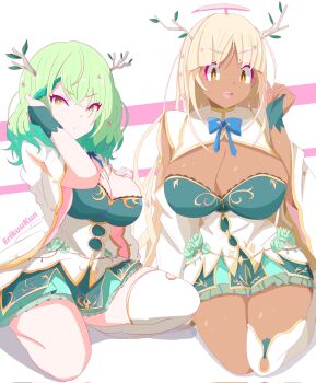 Rule 34 | 2girls, alternate costume, antlers, blonde hair, breasts, ceres fauna, ceres fauna (1st costume), ceres fauna (cosplay), cosplay, dark-skinned female, dark skin, dress, erikuukun, fake antlers, green dress, green hair, highres, hololive, hololive english, horns, large breasts, long hair, looking at viewer, multiple girls, thighhighs, tsukumo sana, very long hair, virtual youtuber, white thighhighs, yellow eyes