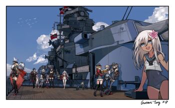 6+girls aegir_(azur_lane) animal animal_on_head antenna_hair azur_lane battleship bikini bird bird_on_head bismarck_(azur_lane) bismarck_(battleship) bismarck_(kancolle) bismarck_zwei_(azur_lane) black_bikini black_cat black_hair black_headwear black_pantyhose black_thighhighs blonde_hair blue_dress blue_one-piece_swimsuit board cape cat cloud crop_top crossover dark-skinned_female dark_skin day dress flag flower friedrich_der_grosse_(azur_lane) fur-trimmed_cape fur_trim graf_zeppelin_(azur_lane) graf_zeppelin_(kancolle) hair_flower hair_ornament hand_on_own_hip highres holding holding_tray horns kantai_collection kuroinu9 leg_armor long_hair military_vehicle miniskirt multicolored_hair multiple_girls official_alternate_costume on_head one-piece_swimsuit outdoors pantyhose personification prinz_eugen_(azur_lane) prinz_eugen_(kancolle) prinz_eugen_(unfading_smile)_(azur_lane) red_cape red_hair red_horns red_skirt ro-500_(kancolle) sailor_collar shin&#039;you_(kancolle) ship ship_deck short_hair signature skirt sky standing streaked_hair swimsuit thighhighs tray two-tone_hair u-511_(kancolle) ulrich_von_hutten_(azur_lane) vehicle_and_personification warship watercraft white_bikini white_hair white_headwear z1_leberecht_maass_(kancolle) z1_leberecht_maass_(swimsuit)_(kancolle) z23_(azur_lane) z3_max_schultz_(kancolle) z3_max_schultz_(swimsuit)_(kancolle)