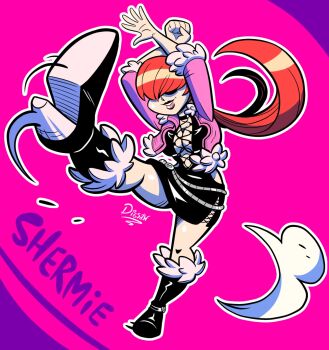 1girl boots breasts cleavage cleavage_cutout clothing_cutout digsaw digsaw_arts dress female_focus fishnets fluffy hands_up heart highres jacket large_breasts latex leather leg_up long_hair no_bra pale_skin ponytail red_hair shermie_(kof) skirt smile standing standing_on_one_leg the_king_of_fighters thick_lips thighs twintails