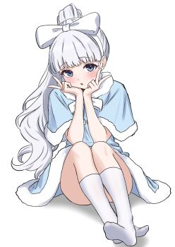 1girl absurdres blue_capelet blue_dress blue_eyes blunt_bangs blush bow capelet commission convenient_leg double_v dress fur_trim hair_bow head_rest highres kneehighs knees_up long_hair looking_at_viewer maplestory no_shoes oldsickkim open_mouth player_character_(maplestory) ponytail simple_background sitting socks solo v very_long_hair white_background white_hair white_socks
