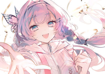 Rule 34 | 1girl, :d, arcaea, black bow, bow, braid, butterfly hair ornament, commentary request, detached sleeves, foreshortening, grey eyes, grey hair, grey hairband, hair bow, hair ornament, hairband, hairclip, hikari (arcaea), jacket, long hair, looking at viewer, open mouth, parallel hairclips, portrait, smile, solo, sparkle, suzunashi, twin braids, twintails, white background, white jacket, white sleeves, zipper, zipper pull tab