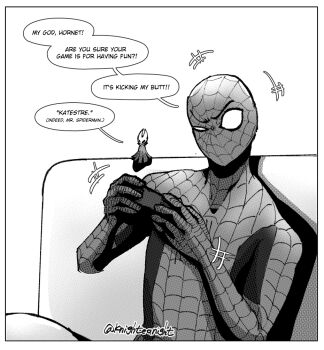 1boy 1girl arthropod_girl bodysuit cloak commentary controller couch english_commentary english_text game_controller greyscale holding holding_controller holding_game_controller hollow_eyes hollow_knight hollow_knight:_silksong horned_mask hornet_(hollow_knight) indoors knighteanight marvel mask monochrome on_couch playing_games sitting speech_bubble spider-man spider-man_(series) spider_web_print superhero_costume twitter_username