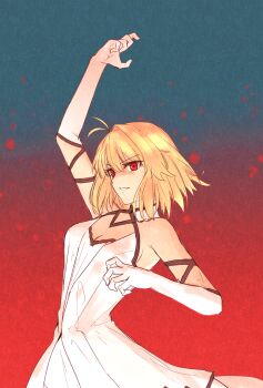 1girl antenna_hair arcueid_brunestud arm_up ayu_(ddestiny944) blonde_hair blood breasts cleavage cropped_legs dress green_background highres magic medium_breasts official_alternate_costume parted_lips red_background red_eyes smile solo standing tsukihime tsukihime_(remake) two-tone_background white_dress