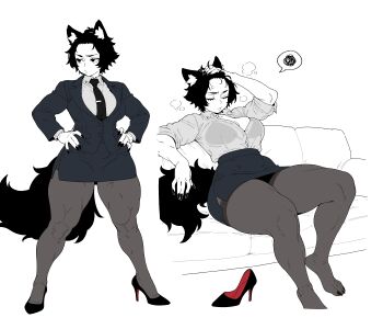 1girl absurdres animal_ear_fluff animal_ears bingbingzi black_bra black_claws black_eyes black_hair black_nails bra bra_visible_through_clothes breasts business_suit cleavage formal_clothes high_heels highres large_breasts miniskirt muscular necktie original pantyhose pencil_skirt puff_of_air shirt short_hair skirt speech_bubble suit tail thick_thighs thighs thought_bubble tie_clip underwear white_shirt wolf_ears wolf_girl wolf_tail