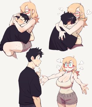 1boy 1girl absurdres ahoge black_hair blue_eyes blush body_freckles breast_smother breasts colo_(nagrolaz) face_to_breasts freckles glasses highres hug kyler_(sweethex) large_breasts long_hair no_pupils orange_hair red-framed_eyewear rita_(sweethex) shirt short_hair smile sweethex toon_(style)