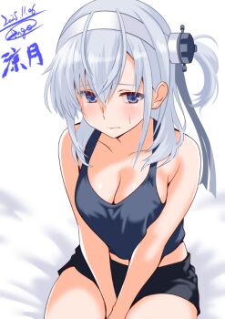 arms_between_legs black_shorts blush breasts cleavage cowboy_shot dated engo_(aquawatery) grey_eyes grey_hair grey_tank_top kantai_collection long_hair medium_breasts nose_blush one-hour_drawing_challenge one_side_up shorts signature simple_background suzutsuki_(kancolle) tank_top v_arms white_background