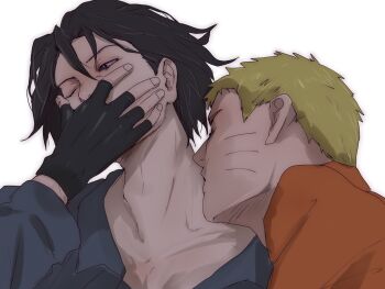 2boys adam&#039;s_apple black_gloves black_hair black_shirt blonde_hair boruto:_naruto_next_generations closed_eyes collared_shirt covering_own_mouth facial_mark fingerless_gloves gloves hand_over_own_mouth hashtag-only_commentary highres kiss kissing_neck long_sleeves looking_to_the_side male_focus mi73suki multiple_boys naruto_(series) one_eye_closed open_collar orange_shirt parted_hair shirt short_hair simple_background uchiha_sasuke upper_body uzumaki_naruto very_short_hair whisker_markings white_background yaoi