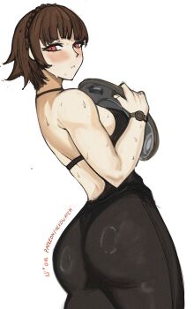 1girl absurdres ass blush braid brown_hair brown_pantyhose commentary english_commentary english_text from_behind highres holding looking_at_viewer medium_hair nero_watch niijima_makoto paid_reward_available pantyhose persona persona_5 red_eyes simple_background solo sweat watch weight white_background wristwatch