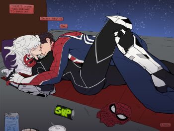 Rule 34 | 1boy, 1girl, animal print, black bodysuit, black cat (marvel), bodysuit, brown hair, couple, cuddling, english text, highres, liciaverse, marvel, spider-man, spider-man (series), spider print, superhero costume, white hair