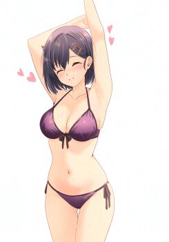 1girl ^_^ adversarial_noise arms_up bikini blush breasts cleavage closed_eyes closed_mouth collarbone cowboy_shot gabriel_dropout hair_ornament hairclip halterneck heart highres hitorilily navel outstretched_arm purple_bikini purple_hair short_hair side-tie_bikini_bottom simple_background smile solo standing string_bikini swimsuit vignette_tsukinose_april white_background
