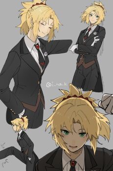 1girl black_jacket black_necktie black_pants blonde_hair brown_vest closed_eyes commentary_request fate/grand_order fate_(series) flower formal_clothes gloves green_eyes grey_background grey_flower grey_rose highres jacket looking_at_viewer mordred_(fate) multiple_views necktie open_mouth pants pluto11sco ponytail rose shirt short_hair short_necktie short_ponytail simple_background spiked_hair suit twitter_username vest white_gloves white_shirt