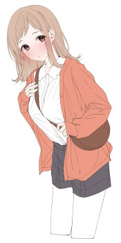 Rule 34 | 1girl, :o, absurdres, bag, between breasts, black shorts, blonde hair, blush, breasts, brown bag, brown eyes, cropped legs, dot nose, flat color, hand on own chest, hand up, highres, idolmaster, idolmaster shiny colors, jacket, kawai ritsu (rits meg), large breasts, leaning forward, legs together, long sleeves, looking at viewer, medium hair, open clothes, open jacket, orange jacket, partially colored, sakuragi mano, shirt, shorts, shoulder bag, simple background, solo, standing, straight hair, strap between breasts, unbuttoned jacket, white background, white shirt