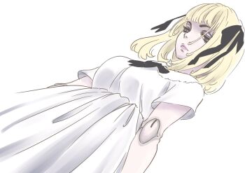 1girl black_eyes blonde_hair breasts commentary_request doll_joints dress dutch_angle from_below frown hair_ribbon highres joints kudou_masashi large_breasts medium_hair original ribbon solo thick_eyelashes upper_body white_dress