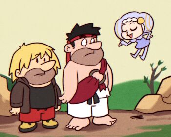 1girl 2boys barefoot beard black_hair blonde_hair boots dress escoffion facial_hair fingerless_gloves floating gloves headband highres hood hooded_jacket ingrid_(capcom) jacket ken_masters kujikawaii looking_at_another multiple_boys parody purple_dress red_headband rock ryu_(street_fighter) sash street_fighter street_fighter_6 style_parody the_flintstones