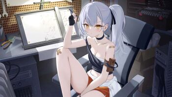 1girl ahoge arm_strap armband artist_request azur_lane bandaid bandaid_on_arm bandaid_on_knee bandaid_on_leg bare_shoulders belt_pouch between_legs black_choker black_gloves black_ribbon black_shirt black_tank_top blueprint_(object) blush box breasts camisole cardboard_box chair choker cleavage closed_mouth clothes_around_waist collarbone crop_top desk drill_bit fingerless_gloves gloves grey_hair hair_between_eyes hair_ornament hair_ribbon hand_between_legs hand_up highres holding indoors jacket jacket_around_waist knee_up long_hair looking_at_viewer medium_breasts midriff navel non-web_source oceana_(azur_lane) off_shoulder office_chair official_art on_chair orange_shorts partially_fingerless_gloves pen ponytail pouch pout ribbon screw screwdriver shirt short_shorts shorts side_ponytail single_glove siren_(azur_lane) sitting sleeveless sleeveless_shirt solo stomach strap_slip swivel_chair tank_top thighs tools v-shaped_eyebrows wrench yellow_eyes