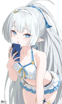 1girl absurdres bare_arms bare_shoulders bent_over bikini bikini_skirt blue_eyes breasts cowboy_shot dhokidoki female_tyrant_(stella_sora) hairband halterneck highres holding holding_phone long_hair looking_at_viewer navel open_mouth phone pointy_ears ponytail simple_background small_breasts solo stella_sora stomach swimsuit symbol-shaped_pupils thighs tyrant_(stella_sora) very_long_hair white_background white_bikini white_hair