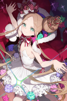 1girl abigail_williams_(fate) abigail_williams_(santa)_(fate) bare_shoulders bison_cangshu blonde_hair blue_eyes breasts cloak closed_mouth double_bun fate/grand_order fate_(series) forehead fur-trimmed_cloak fur_trim hair_bun highres long_hair looking_at_viewer parted_bangs red_cloak sidelocks small_breasts smile solo stuffed_animal stuffed_toy teddy_bear tiara