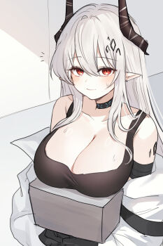 1girl arknights bare_shoulders blush breast_rest breasts carried_breast_rest carrying cleavage commentary hammer highres holding holding_hammer holding_weapon horns hyeroin large_breasts long_hair looking_at_viewer material_growth mudrock_(arknights) mudrock_(elite_ii)_(arknights) notice_lines oripathy_lesion_(arknights) pointy_ears red_eyes redrawn smile solo sweat weapon white_background white_hair